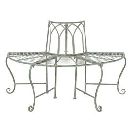 Half-Circle Outdoor Patio Garden Wrought Iron Tree Bench in Antique Green