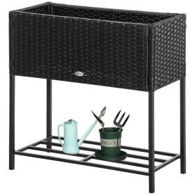 Black Modern PE Rattan Wicker Raised Garden Bed Elevated Planter Box