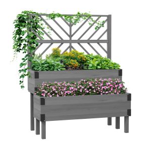 Outsunny 2-Tier Wooden Garden Box, with Legs and Metal Corners, Drainage Holes, Solid Wood for Vegetables, Flowers, Herbs, Gray