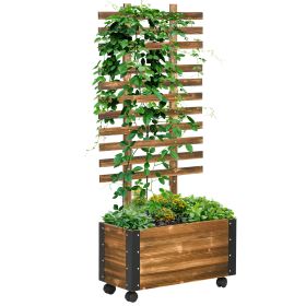 Outsunny Wooden Elevated Flower Bed with Trellis, Metal Corners, Wheels, for Patio, Backyard, Deck