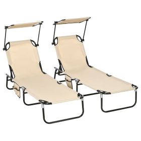 Outsunny Set of 2 Folding Chaise Lounge Chairs Tan with Sunshade Reclining Back for Beach Yard Patio