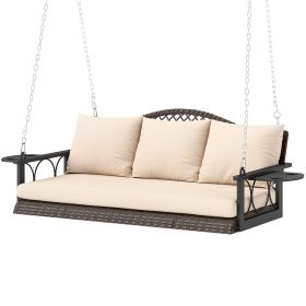 Outsunny 3 Person Wicker Hanging Outdoor Patio Porch Swing Bench with Cup Holders, Cushions, and Chains, Brown