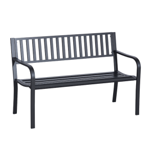50in Outdoor Bench Seat, Patio Bench With Slatted Seat, Metal Porch Bench, With 2 Person Design, For Poolside, Lawn, Black (Color: BLACK)
