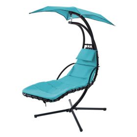 53.15 in. Outdoor Teal Hanging Curved Lounge Chair Steel Hammocks Chaise Swing with Built-In Pillow and Removable Canopy (Color: as picture)