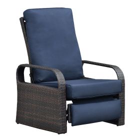 Outdoor Recliner Chair;  Automatic Adjustable Wicker Lounge Recliner Chair with 5.12'' Thicken Cushion (Material: Brown Wicker, Color: Navy Blue)